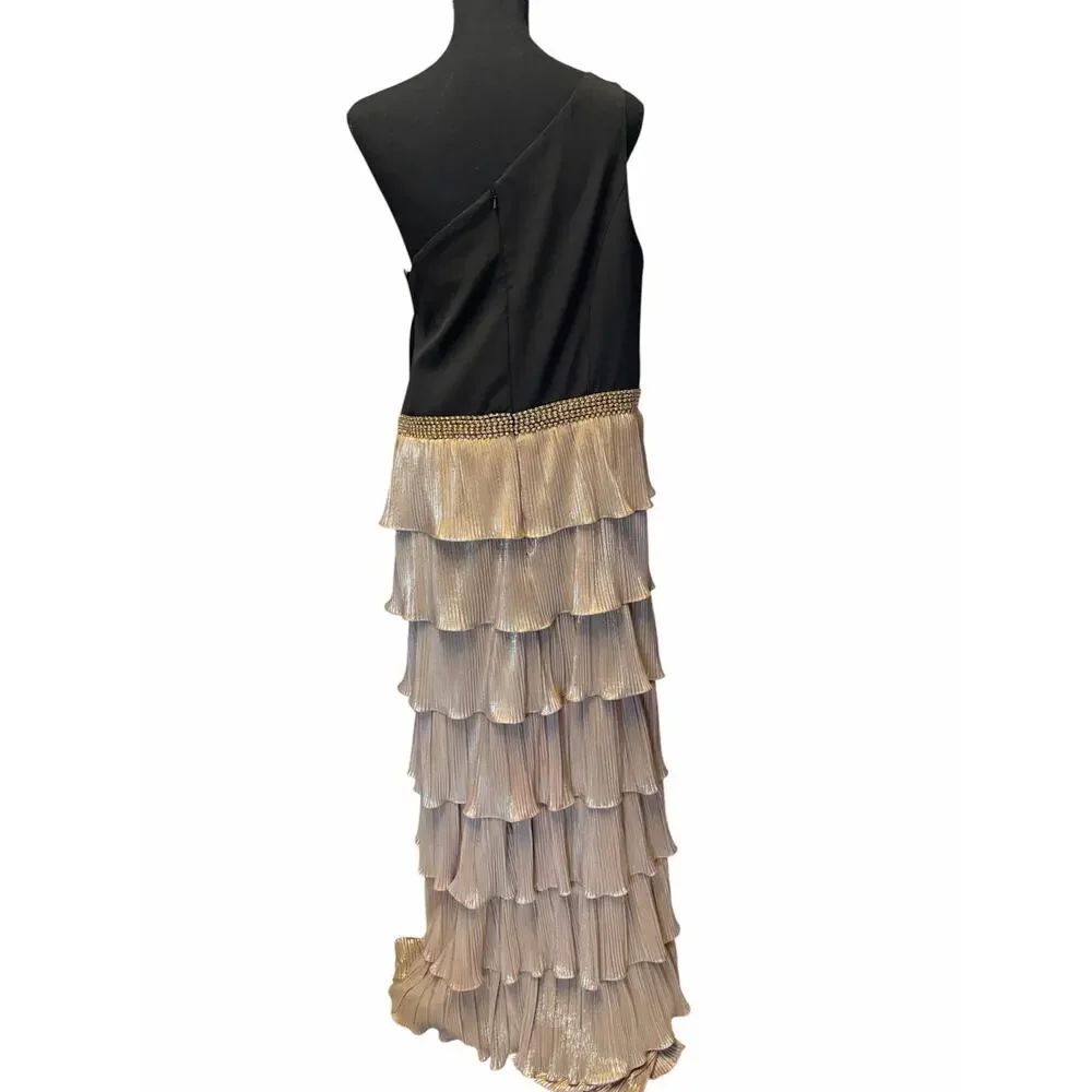 IENA for Mac Duggal One Shoulder Tiered Metallic Gown Size 14 - Picture 5 of 9